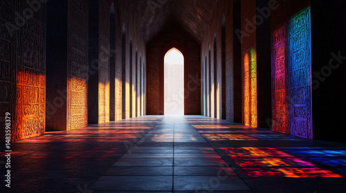 Stunning interior view of corridor with colorful light reflections walls  creating vibrant atmosphere. intricate patterns and textures enhance