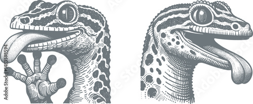 Playful Gecko Sticking Tongue Out – Detailed Engraving or Woodcut Design for Art, Decor, Crafts,  and Print Projects