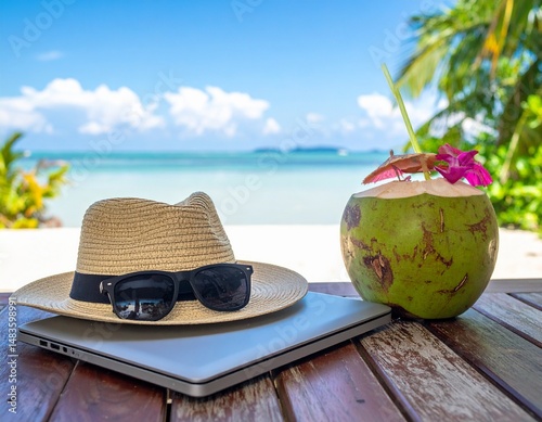 A beach hat and sunglasses on a closed laptop next to a coconut drink – Remote Work & Digital Nomads
