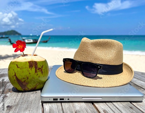A beach hat and sunglasses on a closed laptop next to a coconut drink – Remote Work & Digital Nomads
