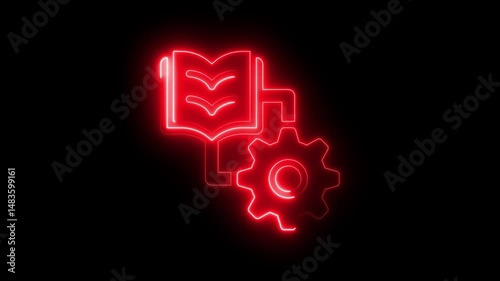neon setting icon with shining books icon. modern setting icon .  Technology setting icon concept. document sign with cogwheel gear icon isolated on black background.