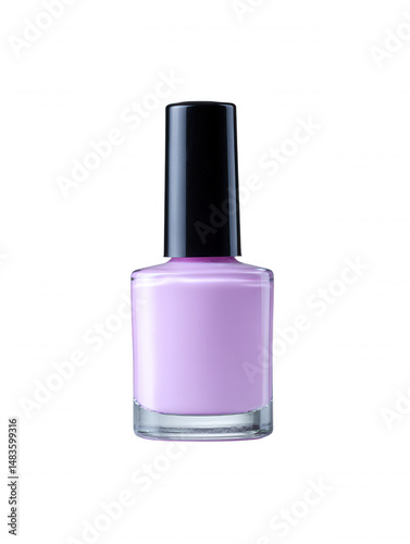 A bottle of pastel purple nail polish with a black cap sits upright against a clean white background, ready for a manicure or cosmetic use in a beauty routine.