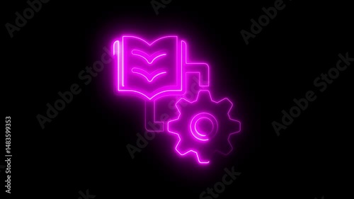 neon setting icon with shining books icon. modern setting icon .  Technology setting icon concept. document sign with cogwheel gear icon isolated on black background.