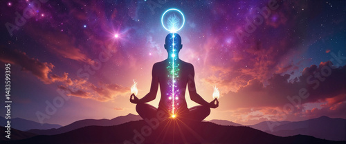 Enlightened figure meditating with radiant chakras in cosmic space, inner peace