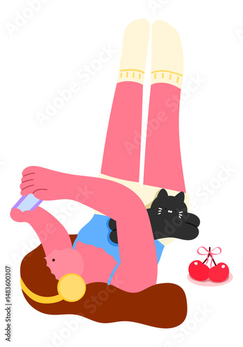 woman lying down with cat and playing mobile games, cozy home lifestyle, relaxation and pet companionship, flat vector illustration