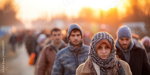 refugees in a line escaping persecution  photo