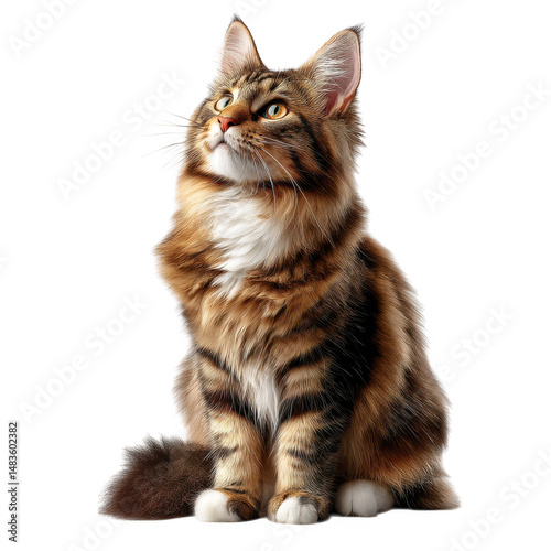 Maine coon cat sitting and looking up isolated on transparent background