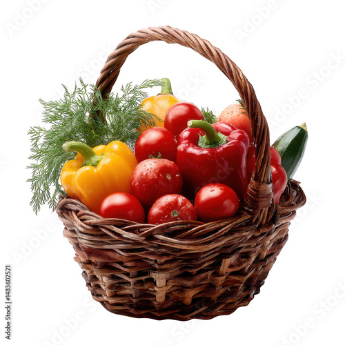 Basket filled with fresh vegetables isolated on transparent background