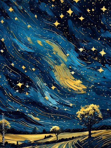 Contemporary Art of Countryside Under Star-Filled Sky