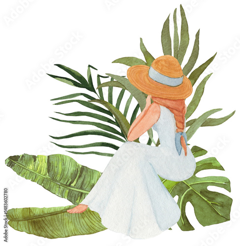 Watercolor illustration of a woman on vacation in a long white romantic dress with tropical palm leaves in the background. Ideal for summer, travel, fashion, and digital projects.