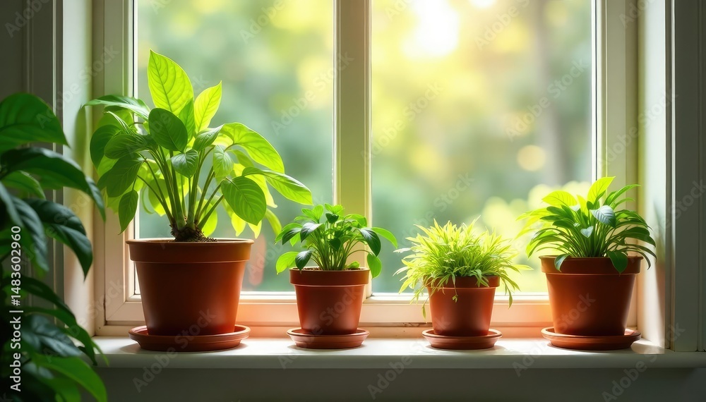 Fototapeta premium Newly potted houseplants on a windowsill, bathed in sunlight , window, sill, plant life