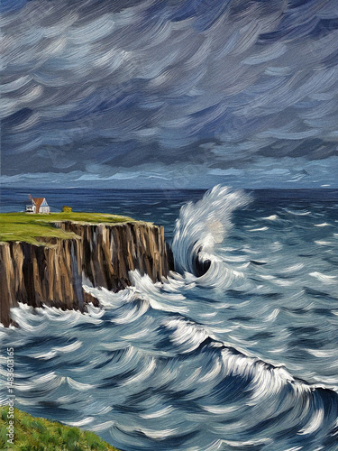 Stormy Ocean Waves Crashing Against Cliffs
