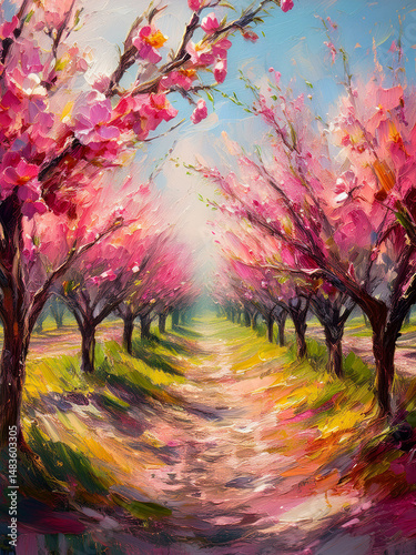 Radiant orchard in full bloom, expressive blooming trees, thick pink and peach blossoms, energetic brush sweeps, warm morning light, artistic pastoral vibe