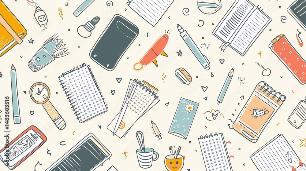 Colorful stationery pattern, various supplies Colorful stationery pattern, various supplies