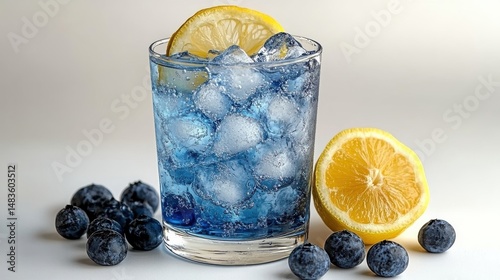 Blue curacao cocktail with lemon slice and ice, macro studio shot