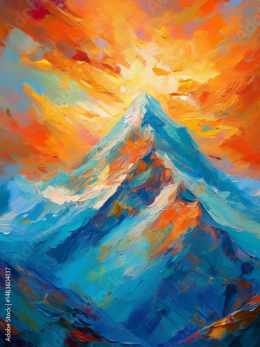 Cloud Covered Mountain with Upside Down Light and Snowy Forms in Vibrant Orange and Aquamarine Hues
