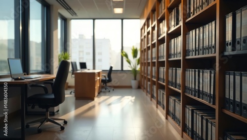 Modern office interior, legal books, filing cabinet, workplace, archive, filing system