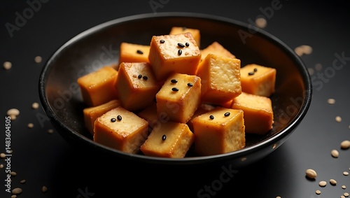 Crispy Golden Brown Tofu Cubes with Black Sesame in Glossy Black Bowl – Warm, Minimalist Food Styling