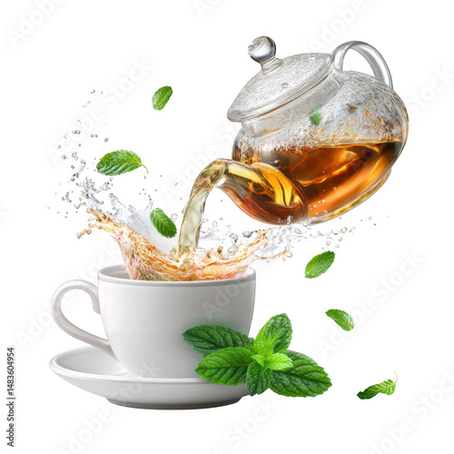 Tea pouring from teapot into cup with splash isolated on transparent background