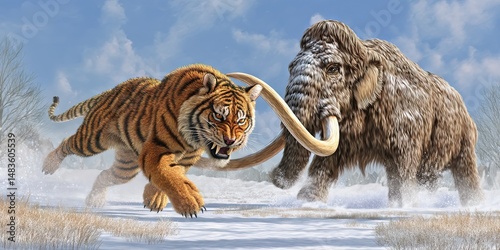 sabre-toothed tiger hunting wooly mammoth
