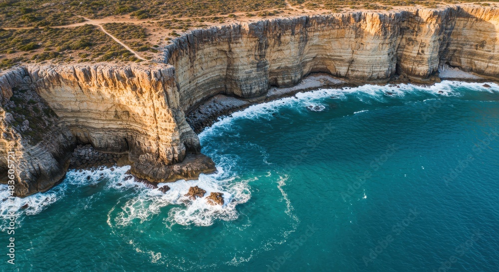 Naklejka premium Stunning Aerial View of Coastal Cliffs and Ocean Waves