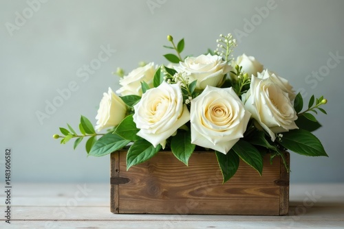 Elegant white wedding flowers in a rustic wooden box, perfect for rustic or boho weddings , summer, botanical, marriage