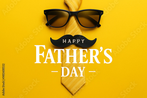 Happy fathers day greeting card design featuring sunglasses mustache and yellow tie on vibrant yellow background