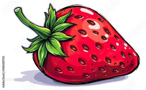 Vibrant and Juicy Strawberry with Lush Green Leaves on a White Background, Ideal for Fresh Food Themes