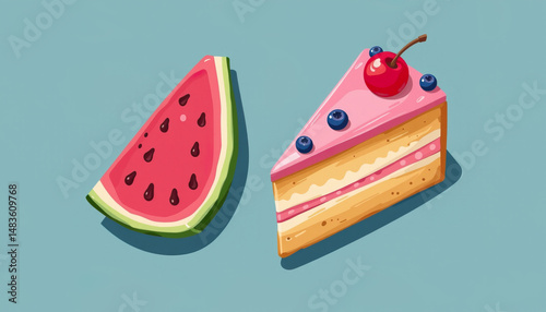 Wallpaper Mural Colorful of Watermelon Slice and Pink Cake Piece on Light Blue Background Torontodigital.ca