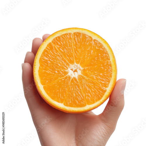 A hand gently holds a vibrant, freshly cut orange half against a pristine white background, showcasing its juicy segments and textured rind in vivid detail.