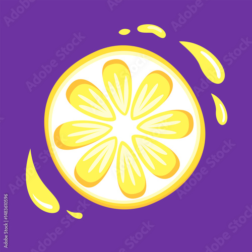 Lemon slice vector. Fresh yellow citrus wedge with peel and juicy pulp. Sour fruit rich in vitamin C. Ingredient for lemonade, drinks, food, and design. Isolated cartoon illustration.
