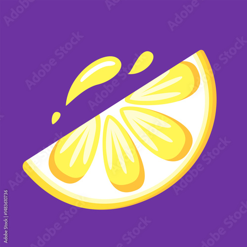 Lemon slice vector. Fresh yellow citrus wedge with peel and juicy pulp. Sour fruit rich in vitamin C. Ingredient for lemonade, drinks, food, and design. Isolated cartoon illustration.