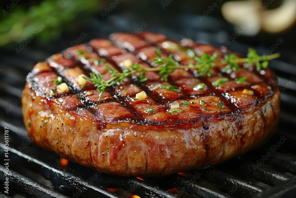 Grilled steak with smoke on open flame, close-up food photography Grilled steak with smoke on open flame, close-up food photography