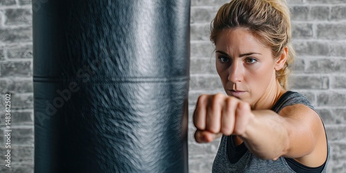 woman hitting punching bag