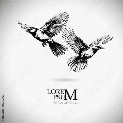 Flying Tits. Flying birds silhouette flock. hand drawing. Not AI. Vector illustration.