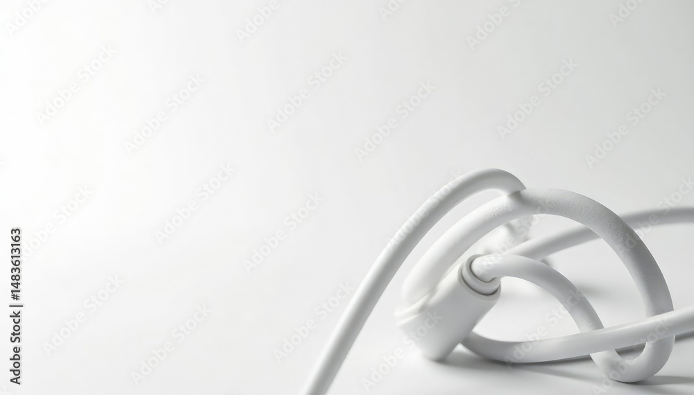 Naklejka premium Close-up of coiled white electrical wire against a pure white background , minimal, bright