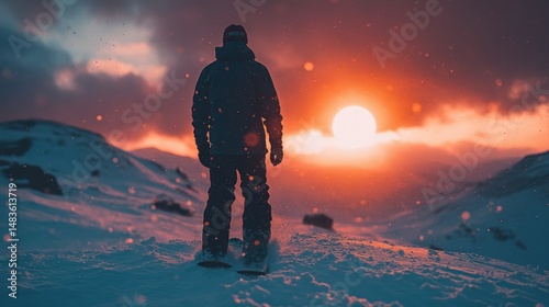 Fototapeta Naklejka Na Ścianę i Meble -  Silhouette of skier at sunset in snowy mountains