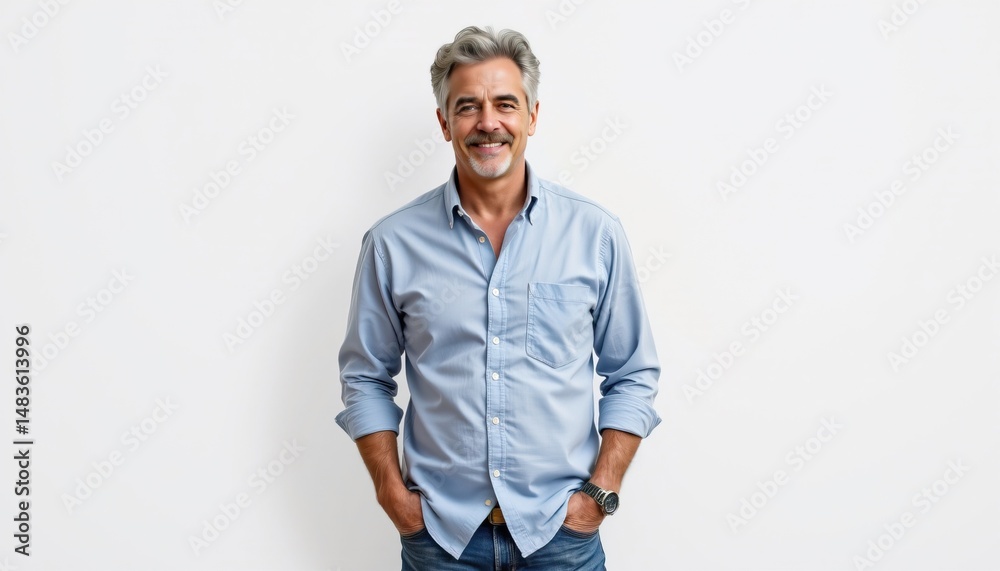 Fototapeta premium Confident Middle-Aged Man Smiling Casually in Light Blue Shirt with Hands in Pockets Against White Background