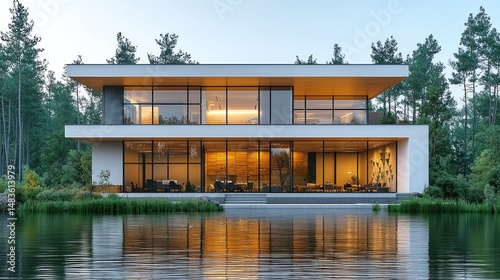 Modern, two-story house on a lake at dusk. Large windows offer views of the water and surrounding forest.  Interior lighting is warm