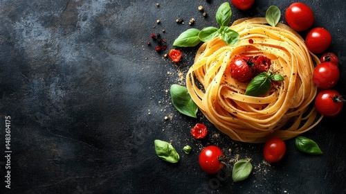Delicious Pasta with Cherry Tomatoes and Basil on Dark Background