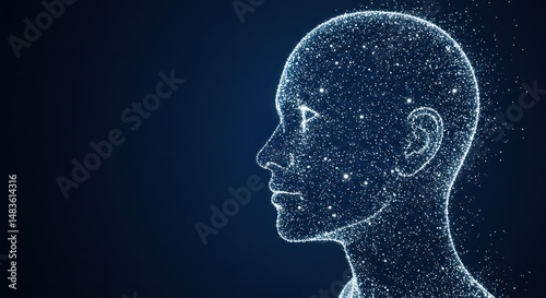 Digital human head silhouette made of dots and lines on dark background.
