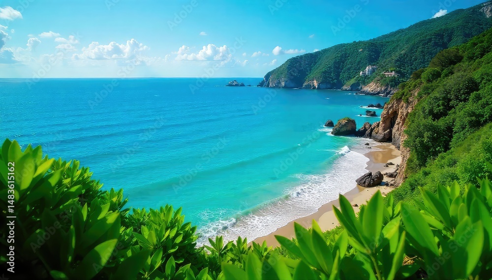 Naklejka premium Lush green vegetation meets tranquil turquoise sea , water, palm trees, coast