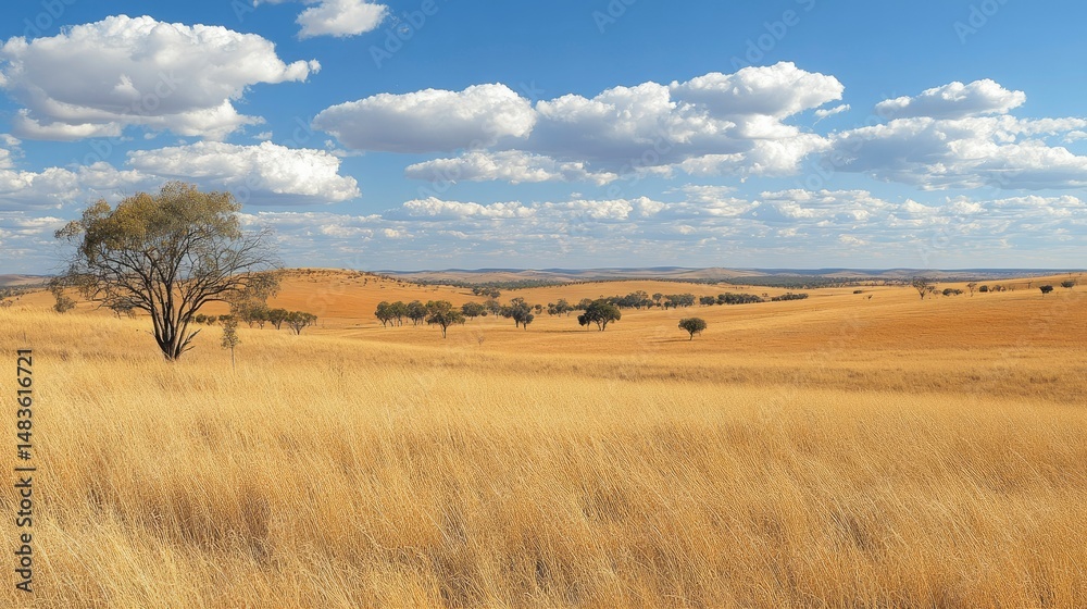 Obraz premium Serene Australian Outback Landscape with Golden Grasslands under a Blue Sky