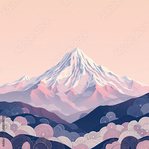 A light-pink, and gray-tone pastel colors, and circular pattern, for the illustrated mountain range