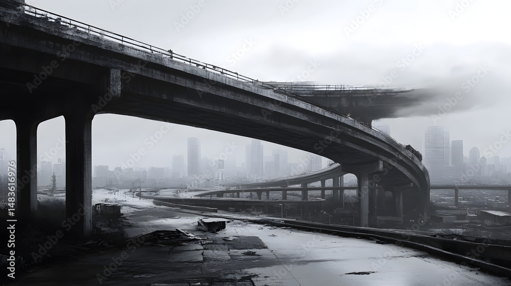 Obraz premium Urban Overpass in Fog: A dramatic black and white photograph of a large urban overpass curving over a waterway, shrouded in a thick fog, with a city skyline faintly visible in the background.