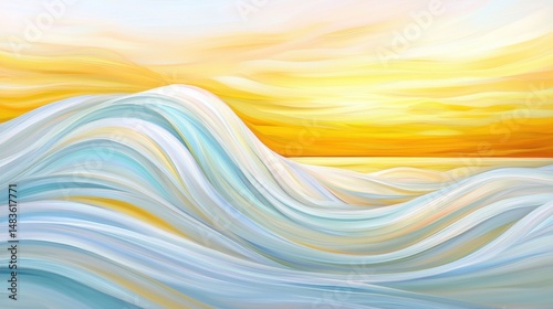 A digital painting of a serene sunrise over a calm ocean, with a warm palette of orange, yellow, and blue.