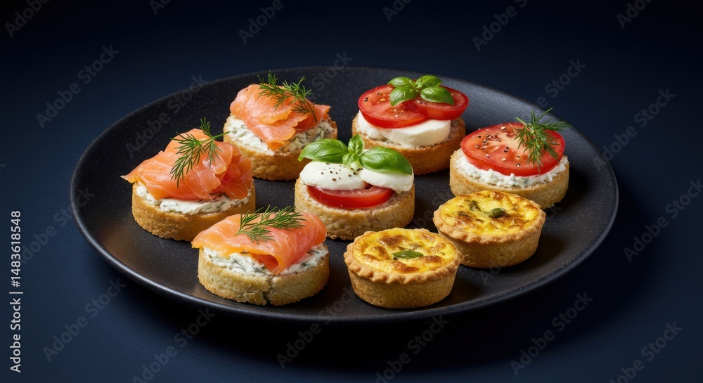 Plate of canapés with salmon tomato and quiche appetizers on dark background. Plate of canapés with salmon tomato and quiche appetizers on dark background.