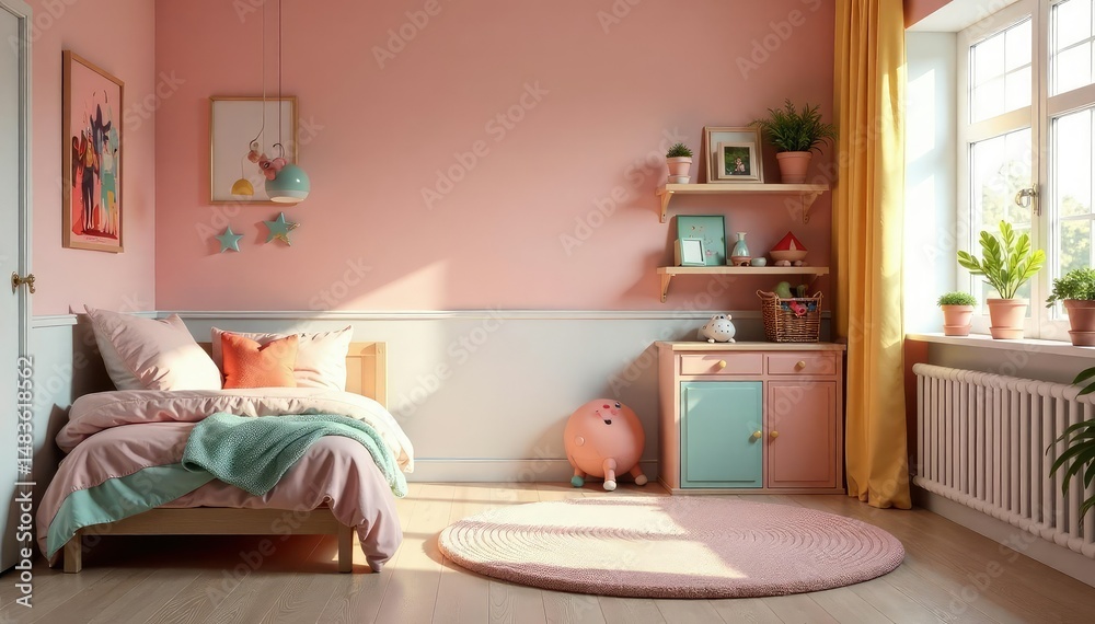 Obraz premium Cozy children's bedroom with colorful decor and toys , carpet, bedroom, furniture