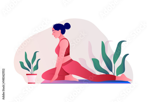 Woman doing yoga vector flat illustration on nature background
