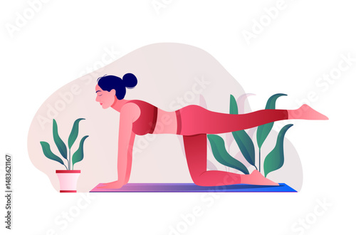 Woman doing yoga vector flat illustration on nature background